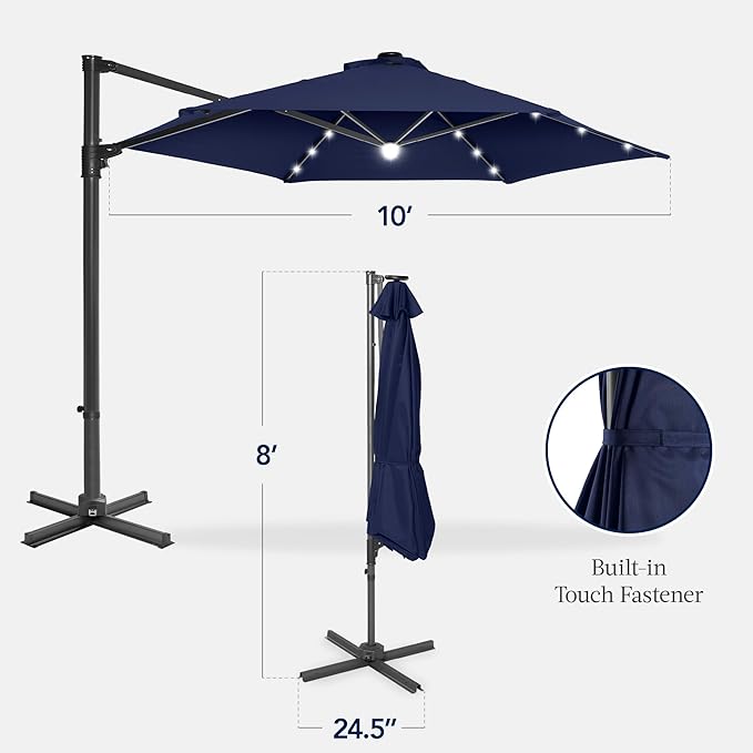 Best Choice Products 10ft Solar LED Offset Cantilever Hanging Market Patio Umbrella, Smooth 360° Rotation, 8 Sturdy Ribs, Easy Adjustment - Navy Blue