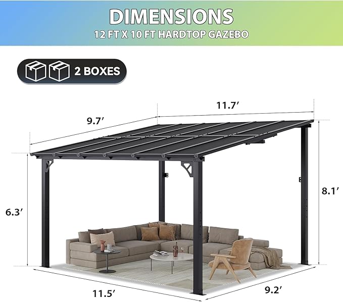 Aoxun 12'x 10' Premium Gazebo with Aluminum Top Frame & Polycarbonate Panel, Wall Mounted Gazebos Pergola, Outdoor Patio Lean to Gazebo, Awnings with Sloped Roof, for Backyard, Porch, Deck