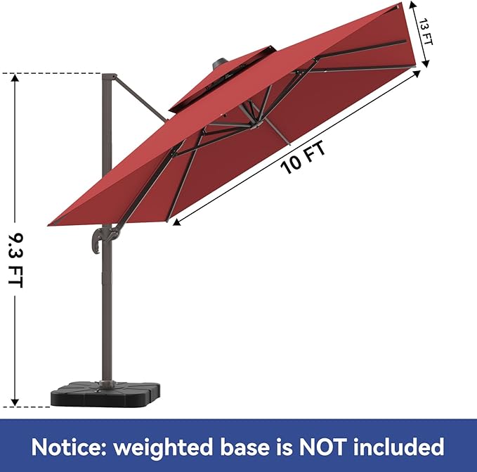 10x13FT Cantilever Outdoor Patio Umbrellas，Double Top Large Rectangle Umbrella Heavy Duty 360°Rotation Offset Outdoor Sun Shade Umbrella for Garden Deck Pool Backyard Patio, Red