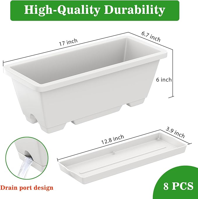 8pcs Rectangle Window Boxes Planters, 17 Inches Long Window Sill Planter Box Outdoor, Plastic Rectangular Window Flower Herb Pots Indoor with Drainage Holes and Trays for Garden Windowsill Light Grey