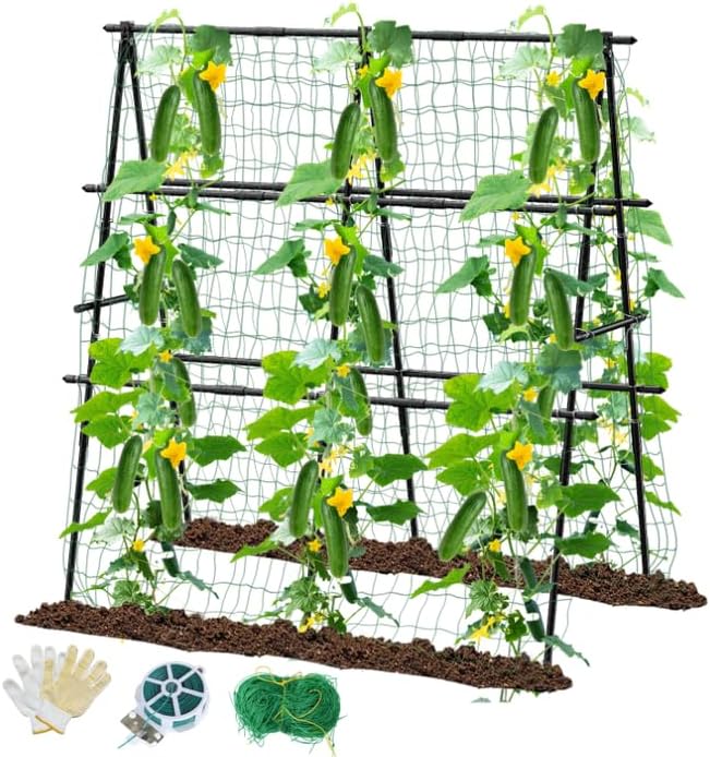 Cucumber Trellis, 47''X47'' A-Frame Cucumber Trellis for Raised Bed with Climbing Net, Metal Garden Trellis for Climbing Plants for Cucumber,Tomato, Grapes and Flowers