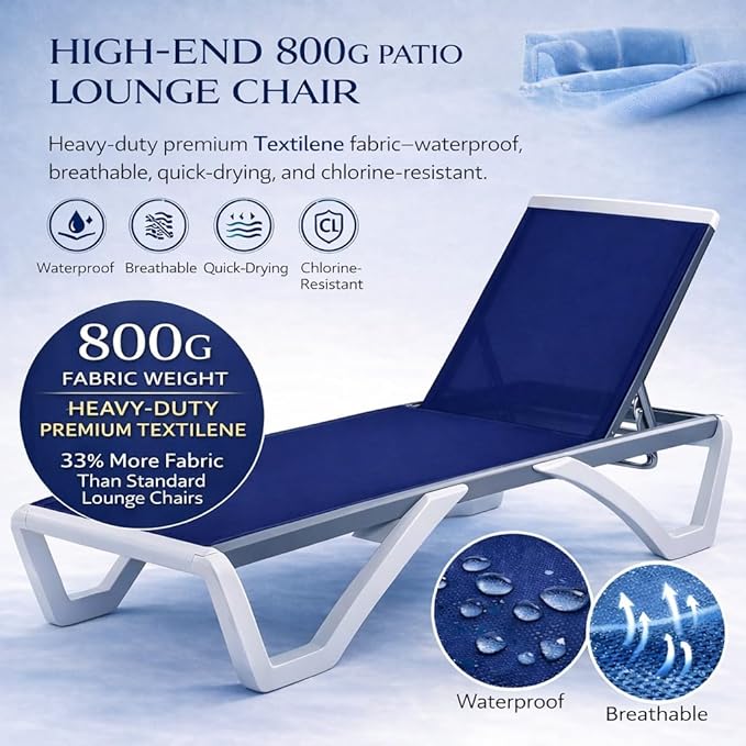 Kozyard Outdoor Chaise Lounge Chair, Full Flat Adjustable Patio Lounger with Aluminum Frame & Resin Legs, Textilene Fabric for Poolside, Backyard & Beach (NavyBlue, Chair with Table)