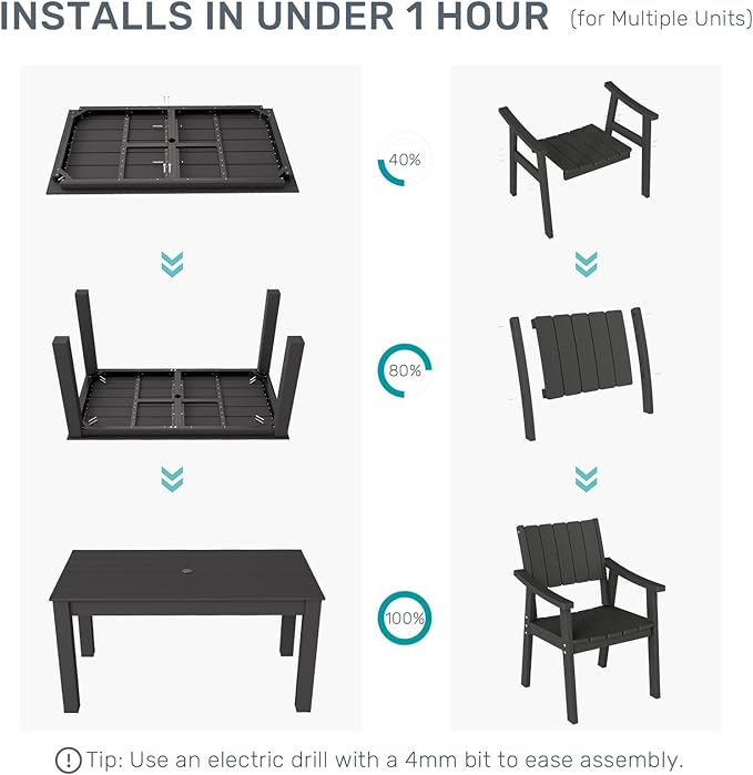 ZHUSI Patio Table and Chairs Set, Outdoor Table and Chairs,HDPE Outdoor Dining Set with Umbrella Hole for Backyard, Poolside, Porch (Black, 7 PC)