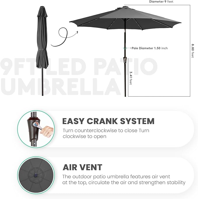 JEAREY 9FT Outdoor Patio Umbrella with Solar Lights, LED Lighted Pool Umbrella with Tilt and Crank, Outdoor Table Umbrellas for Deck, Yard & Market (Dark Gray)