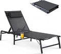 Foldable Chaise Lounge Chair with Cup Holder, Assemble-Free Outdoor Lounge Chair with Detachable Pillow and 6 Adjustable Backrest, Patio Lounge Chair for Outside Poolside Beach Pool, Black