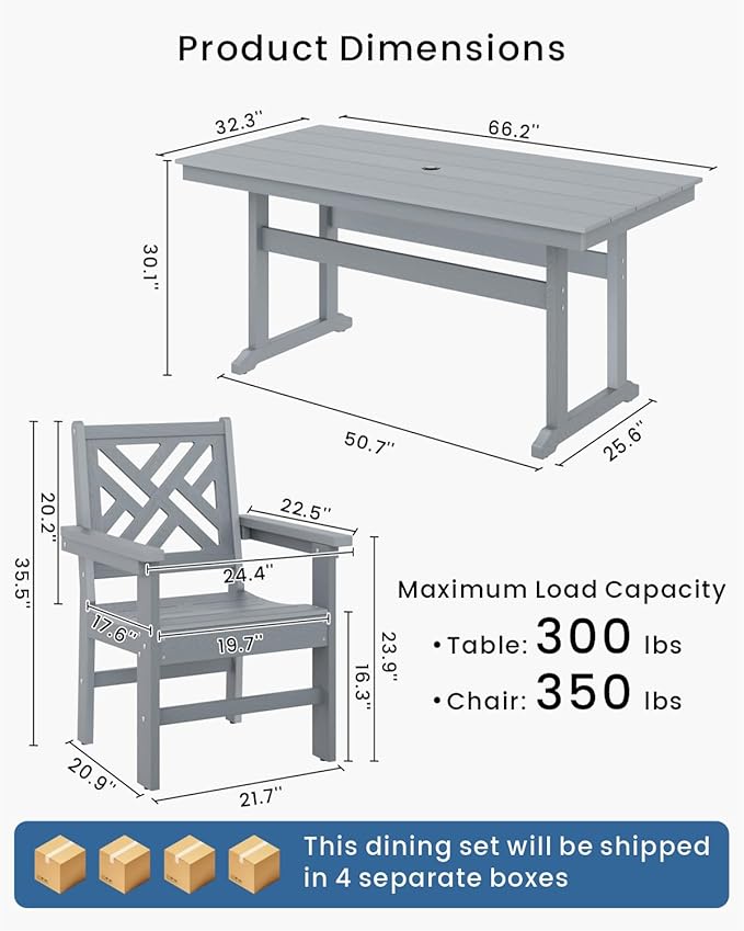 7-Piece Outdoor Dining Set, HDPE All-Weather Patio Table and Chairs Set for 6, Outdoor Patio Furniture Sets with Umbrella Hole for Outside, Deck, Backyard, Garden (Grey)
