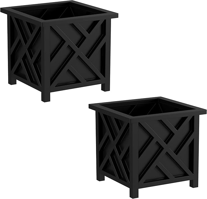 Lattice Design Planter Box 2-Pack – 14.75-Inch Decorative Outdoor Flower or Plant Pots – Front Porch, Patio, and Garden Decor by Pure Garden (Black)