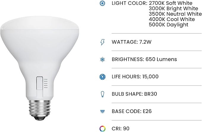 Feit Electric BR30 LED Flood Light Bulb, 65W Equivalent, Dimmable, 5CCT, Adjustable White, 650 Lumens, Indoor/Outdoor Residential & Commercial Use, 17,000-Hour Lifespan, BR3065DM5CCTCA15K/6, 6-Pack