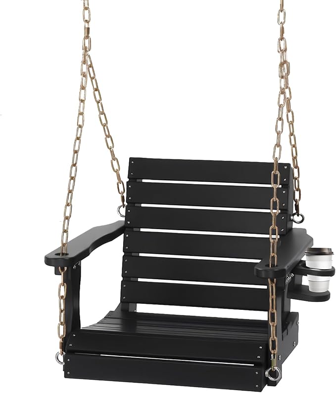 VINGLI Heavy Duty 880 LBS HDPE Porch Swing Outdoor with Rotatable Cup Holder, with Adjustable Chains, 1 Person Hanging Porch Swing Chair for Porch, Yard, Tree, Garden - Black