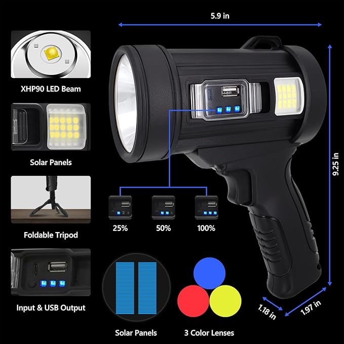 Spotlight 100000 Lumens, 6 Modes Led Rechargeable Spotlight Flashlight As Seen on TV with Tripod, Color Filters, Super Bright Solar Spot Lights Outdoor Handheld for Hunting, Boating, Camping