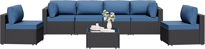 7 Pieces Outdoor Patio Sectional Sofa Couch, Wicker Furniture Patio Conversation Sets with Washable Cushions & Coffee Table for Garden, Poolside, Backyard