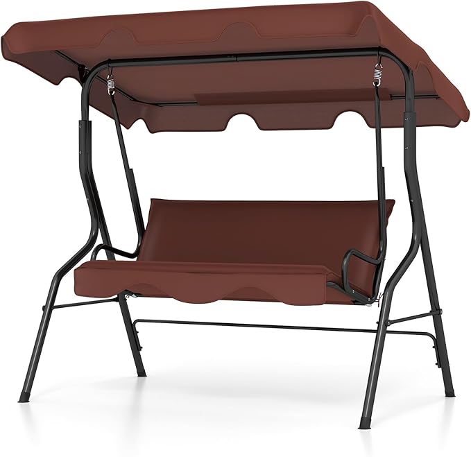 Tangkula 3 Person Porch Swing, Patio Swing with Removable Cushion & Powder-Coated Steel Frame, Outdoor Swing with Canopy for Porch, Backyard, Garden, Balcony (Coffee)