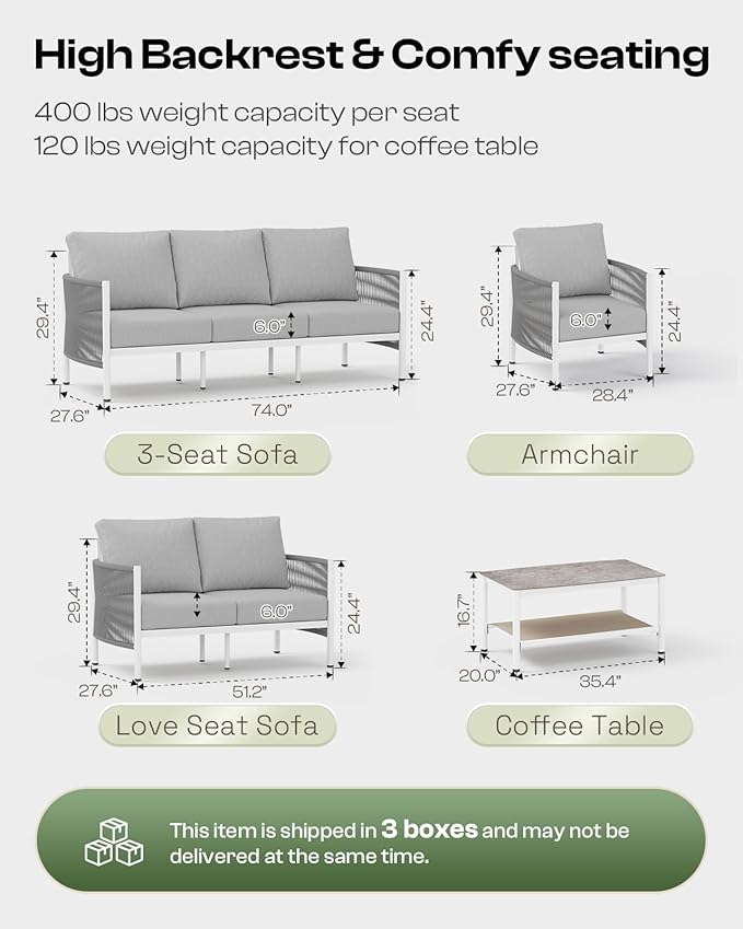 Aluminum Outdoor Patio Furniture Set with Dual-Layer Coffee Table, 4 Piece Modern Patio Conversation Sets with PE Rope, Outdoor Sectional Sofa with Thick Cushions for Balcony, Deck, White