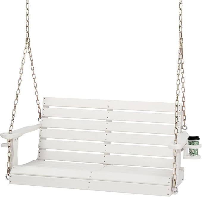VINGLI Heavy Duty 1600 LBS HDPE Porch Swing Outdoor with Rotatable Cup Holder, 4 FT Patio Bench Swing with Adjustable Chains, 2 Person Hanging Porch Swing Chair for Porch, Yard, Tree, Garden - White