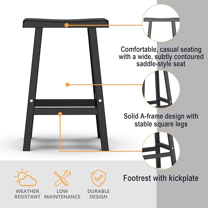 Bar Stools Set of 4, Waterproof UV-Resistant,Durable Resin Kitchen Island Chairs for Indoor & Outdoor Use, Modern Design for Home,Bar,and Cafe (29'' Black-4)