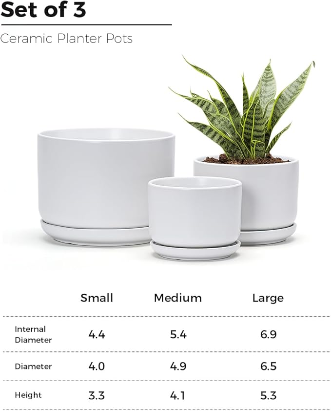 Ton Sin Plant Pots, 4.1+5.1+6.5 inch, Set of 3, Ceramic Planters with Drainage Hole and Saucer, Indoor Flower Pot with Drainage Hole, Gifts for Mom(Matte White)