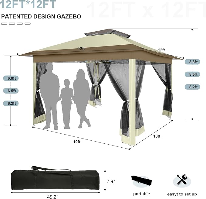 COBIZI 12x12 Pop up Gazebo on Clearance with Mosquito Netting & Sandbags, Outdoor Canopy Tent with 4 Ropes 8 Stakes & Portable Carrying Bag, Patio Portable Gazebo for Garden Backyard & Lawn, Beige