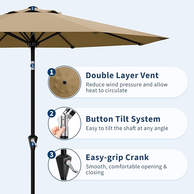 Garvee 9FT Patio Umbrella - Outdoor Table Umbrella with Smooth Crank Lift, Push Button Tilt and 8 Sturdy Ribs - Market Umbrella UV Protection Waterproof for Pool, Deck, Yard, Garden (Tan)