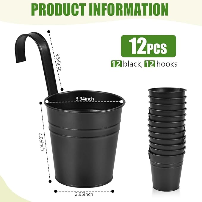 OBTANIM 12 Pack Metal Hanging Flower Pots Railing Planter Outdoor Fence Hanging Bucket Plant Holder with Detachable Hooks Drain Holes for Home Garden Yard Decor (Black, 4 x 4 Inch)