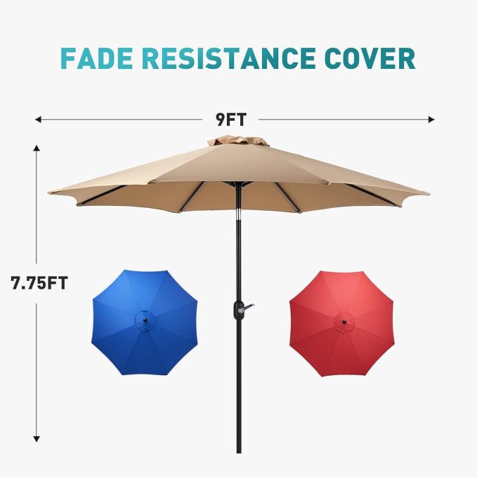 OLIXIS 9ft Patio Umbrella with Tilt and Crank Button & 8 Sturdy Ribs Waterproof, Patio Table Umbrella Perfect for Poolside, Terrace, Beach and Outdoor Restaurant, Brown