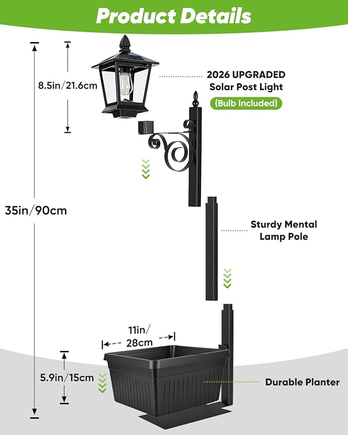 2-Pack Solar Lamp Post Light with Planter, 35Inch 2 in 1 Outdoor Flower Pots, 2700K Solar Lamps Outdoor Waterproof, Decorative Planters & Lights for Porch, Garden, Patio, Lawn, Front Door