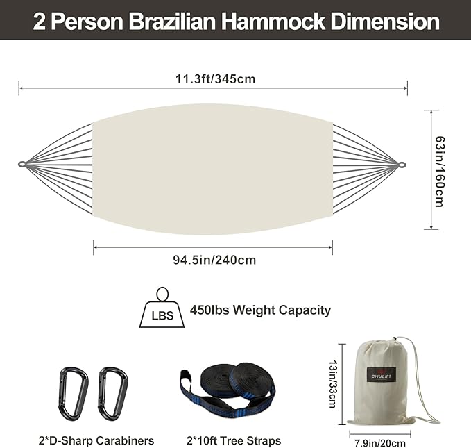 Brazilian Double Hammock with Tree Straps,Extra Large 240x160cm,2 Persons Hammock for Backyard Patio Outdoor and Indoor,450lbs Weight Capacity,Soft Woven Cotton Fabric Natrual White