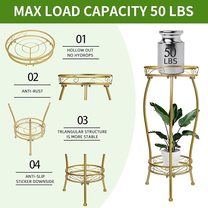Plant Stand Indoor Outdoor 2 Tier 27'' Tall Metal Potted Rack Flower Pot Stand Heavy Duty Rustproof Iron Multiple Plant Supports for Garden Balcony Patio (Golden)