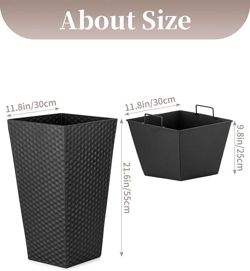 Sziqiqi Tall Planter for Indoor Outdoor: Set of 2 Large 21.6in Metal Taper Plant Pots with Inner Pots - Square Black Flower Pot with Drainage Holes for Outside Front Door Patio Garden Floor