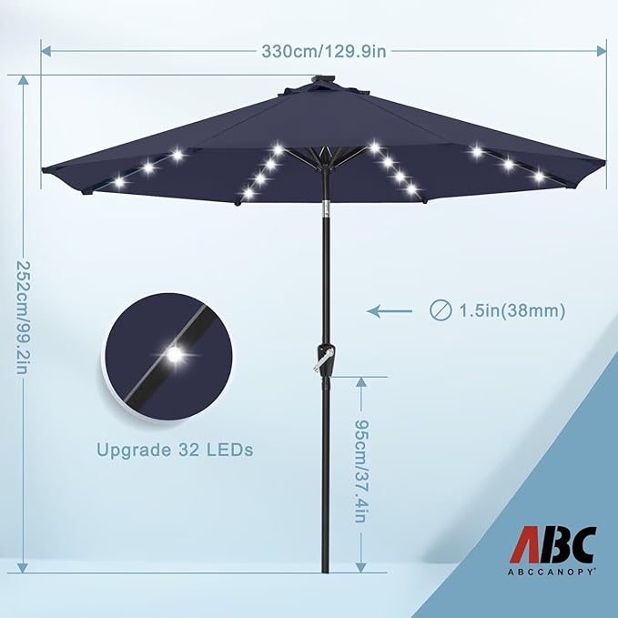 ABCCANOPY Durable Solar Led Patio Umbrellas with 32LED Lights 11FT (Navy Blue)