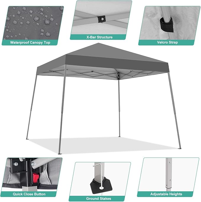 Canopy Tent, 10X10 FT Pop Up Canopy Outdoor Instant Tent Slant Legs with Carrying Bag, Portable Gazebo Shelter for Patio Deck Garden and Beach - 8X8 FT Canopy Cover (Dark Grey)