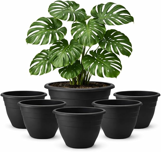 16 Inch Plant Pots Indoor Outdoor,6 Pack Black Plastic Planters with Drainage Holes,Large Lightweight Flower Pots for Indoor Outdoor Plants,Patio Garden Containers