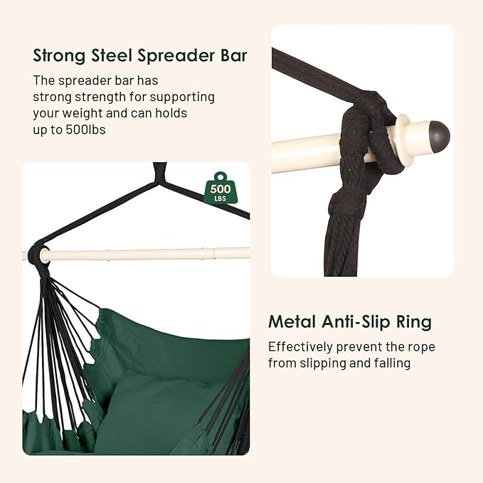 Highwild Hammock Chair Hanging Rope Swing - Max 500 Lbs - 2 Cushions Included - Steel Spreader Bar with Anti-Slip Rings - for Any Indoor or Outdoor Spaces (D- Cushions Included-Green)