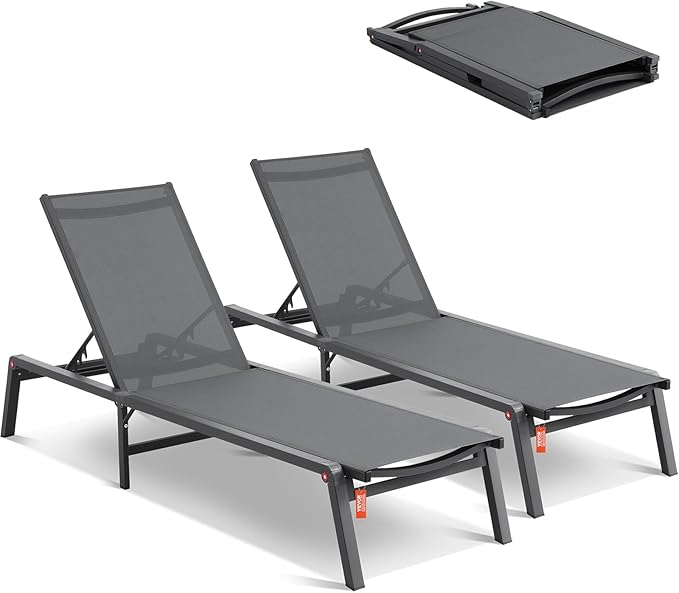 VEVOR 2 Pcs Chaise Lounge Chairs Outdoor, Aluminum Patio Lounge Chair with Adjustable 5-Position, Folding Pool Chairs Recliner and Full Flat Tanning Chair for Patio, Beach, Pool, Gray, 2 pcs
