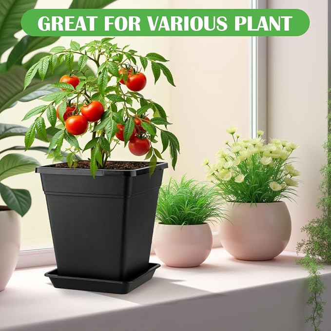 BTPLASTIK Plant Pots 10 Inch Set of 5, Large Square Plastic Planter with Drainage & Saucer, 5 Gallon Thick Outdoor Garden Pots Container for Outdoor Indoor, Flower Pots Planters