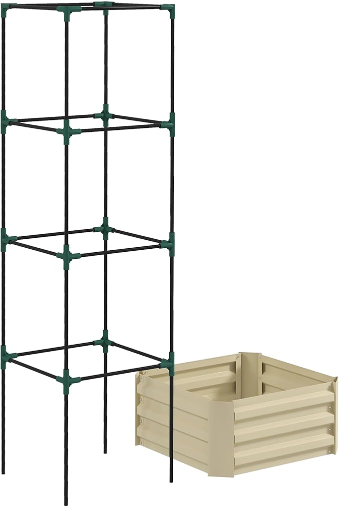 Outsunny Galvanized Raised Garden Bed, 73.5" Tall Outdoor Planter Box with Trellis Tomato Cage and Open Bottom for Climbing Vines, Vegetables, Flowers in Backyard, Garden, Patio, Cream