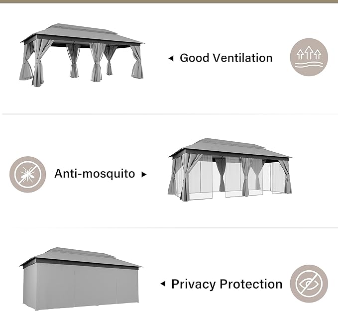 LAUSAINT HOME Semi-Permanent Outdoor Patio Gazebo 10'x20', Heavy Duty Party Tent Shelter with Double Roofs, Mosquito Nettings and Privacy Screens for Backyard, Garden, Lawn, Gray