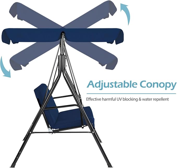 AECOJOY Porch Swing with Stand, 3-Seat Outdoor Clearance Porch Swings for Adults, Outdoor Patio Swing with Adjustable Canopy & Removable Cushion for Backyard, Garden, Yard, Poolside, Balcony (Blue)