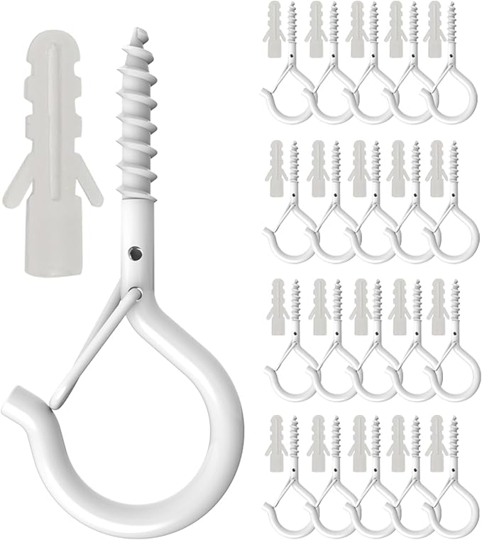 20 Pack Q Hanger Hooks with Safety Buckle, Rustproof Screw Hooks for Hanging String Lights, Bird Feeder, Plants, Wind Chimes & Holiday Decorations, Holds Up to 40 lbs（2.2" White Vinyl Coated ）