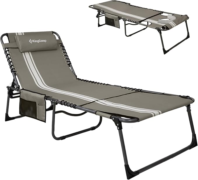 KingCamp Tanning Chair with Face Hole, Lounge Chairs Outdoor Folding Comfy Adjustable 5-Position Lay Flat Foldable Chaise Chaser Lounger for Outside Beach Patio Sun Bathing Pool, Grey/White