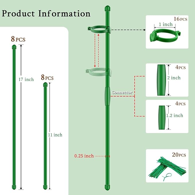 Plant Stakes 17inch &11inch SupKing Adjustable Length Plant Support Stake 16Pcs Orchid Stick with Clips for Indoor Outdoor,Garden Pole for Potted Tomato Amaryllis Vegetables Comes with 20 Ties (Green)