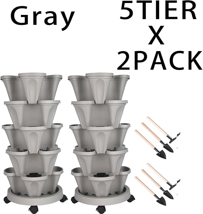 GameXcel Vertical Planter 5 Tier Stackable Planters Garden Planters Strawberry Herb Flower and Vegetable Planter Indoor Outdoor Gardening Pots with Removable Wheels and Tools 2-Pack