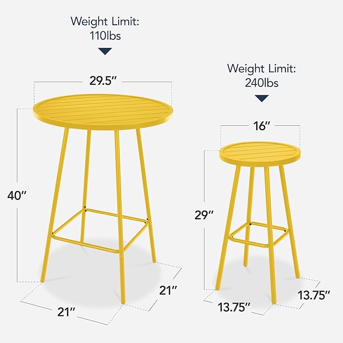Best Choice Products 3-Piece Patio Dining Set, Bar Height, Outdoor Bistro Set, Outdoor Round Bar Table w/ 2 Bar Stools, Steel - Yellow
