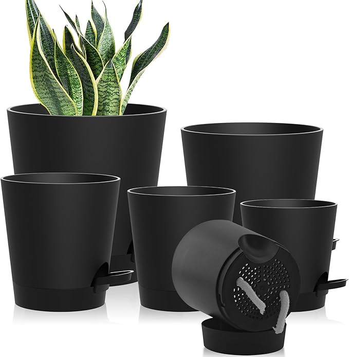 Self Watering Pots, 7/6.5/6/5.5/5/4 inch Flower Pots with Multi Mesh Drainage Holes, Small Platic Planters for Indoor Outdoor Garden Plants and Flowers (Black, 7"+6.5"+6"+5.5"+5"+4")
