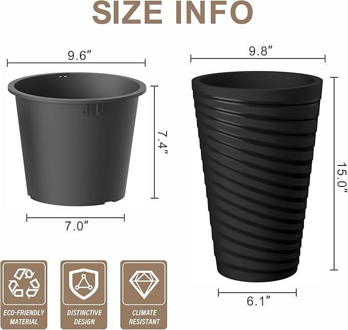 Kante 15 Inch Tall Planter Set of 2, Round Spiral Textured Flower Pots, Decorative Plant Pots for Outdoor Indoor Home Garden Patio (Black)