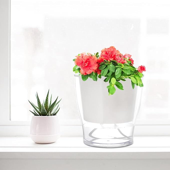 ZOOFOX 4 Pack Self Watering Pots for Indoor Plants, 7 Inch Large Clear Plastic Automatic-Watering Plant Pot, Modern Decorative Pot for Indoor Plants, Flowers, Herb, Aloe, Orchid, African Violets