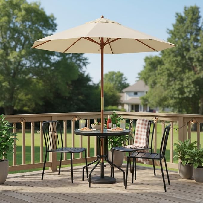 Tangkula 27.5 Inch Round Outdoor Dining Table with Tempered Glass Top, Outside Bistro Table with Umbrella Hole & Metal Frame, Patio Dining Table for Backyard, Lawn, Deck & Poolside