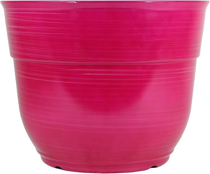 Garden Elements Indoor/Outdoor Glazed Brushed Happy Plastic Planter, Large, Bright Pink, 15"