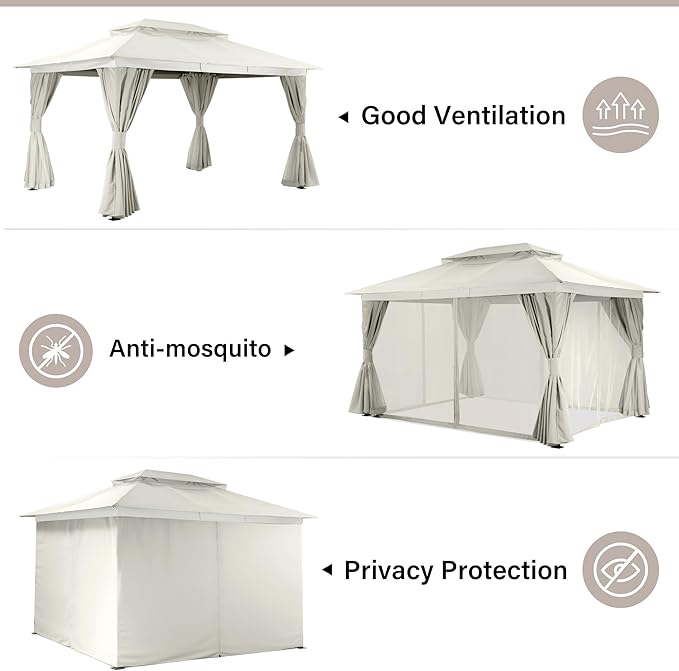 LAUSAINT HOME Semi-Permanent Outdoor Patio Gazebo 10'x13', Heavy Duty Party Tent Shelter with Double Roofs, Mosquito Nettings and Privacy Screens for Backyard, Garden, Lawn, Cream White