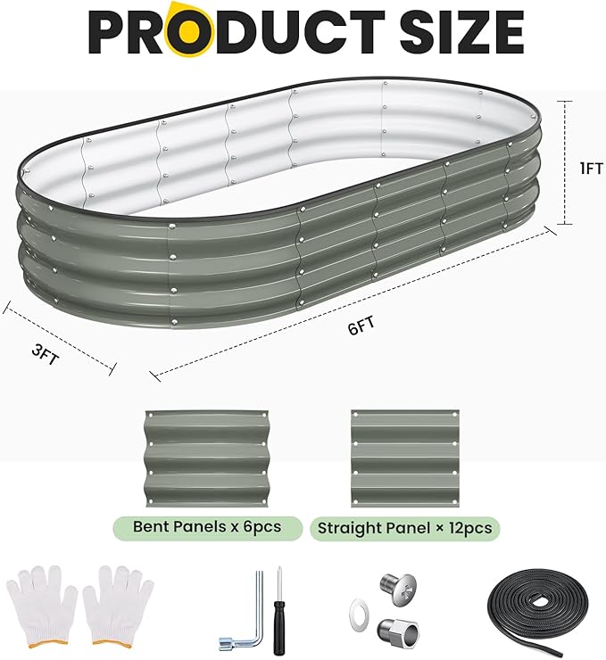 Galvanized Raised Garden Bed 6x3x1 FT, Oval Metal Raised Garden Bed Outdoor Planter Box with Open Bottom, Rust-Resistant Steel Garden Bed for Vegetables Herbs Flowers, Easy Assembly