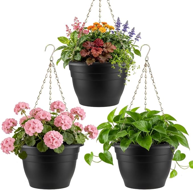 Hanging Planters 11 Inch, 3 Pcs Flower Pots with Drainage Hole, Self Watering Hanging Basket for Indoor Outdoor Plants, Decor, Black